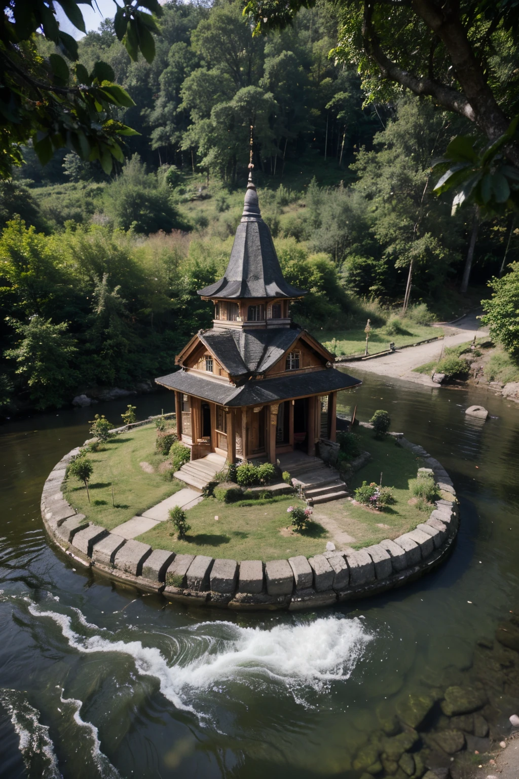 Best quality, masterpiece, high resolution, isometric picture of temple in forest with riverside