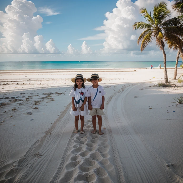 Take picture of holbox in mexico in front of thr sea with children white sands, palms