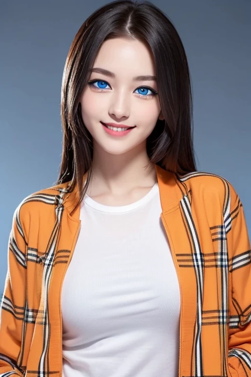 (((eBlue eyes))),((s the perfect face)),Beutiful women,Long gray hair,Toothy smile,whitet-shirt,((orange plaid jacket)),((blue backdrop))