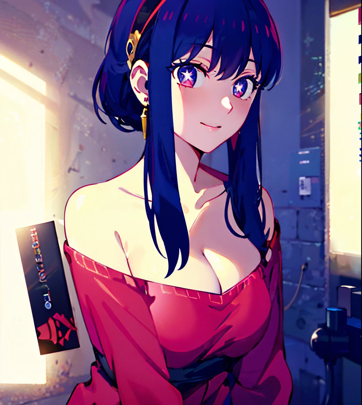 masterpiece, best quality, ultra-detailed, illustration, warm lighting, bright colors, 1girl, solo, long_hair, bangs, swept_bangs, star shaped pupil_eyes, violet_hair,

red_dress, arms up, arm pits, shaded face,red outfit,

a woman in a red and black dress with long hair,
shin_jia a woman in a red dress with a long skirt,