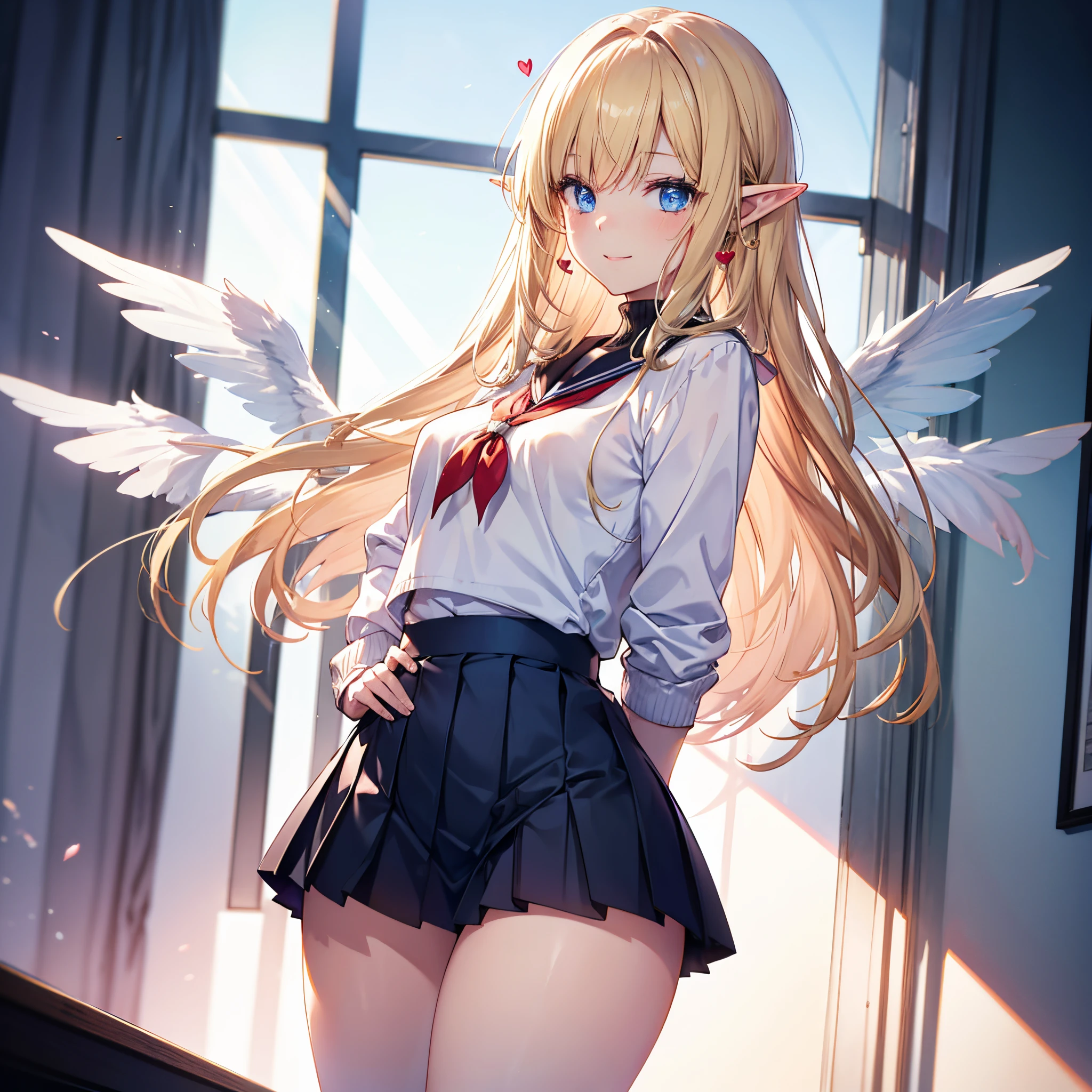 Realistic image, detailed image, 1 elf. She has sky blue eyes. She has blonde hair. with wings behind her back. She wears an oversized V-neck sweater, adorned with hearts. Pleated white miniskirt. Sneakers. Small breasts, narrow waist, wide hips and thick thighs. Arched back. Smile. White background. Uniform background. Volumetric light. Ambient light.