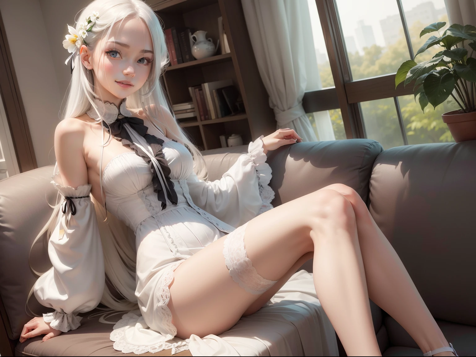 masutepiece, Superb Piece, Daytime, Indoor，sit a chair, Falling flowers, White Dress, 1 girl, A perfect woman, Woman with silver and white long hair, gray blue eyes, pale pink lips, Cold, Serious, Bang, Purple eyes, White clothes, black closing line, Delicate face, Exquisiteface, Standing Bow, tassels, Happiness knot, Smile,Relax on the sofa,open one's legs,White panty