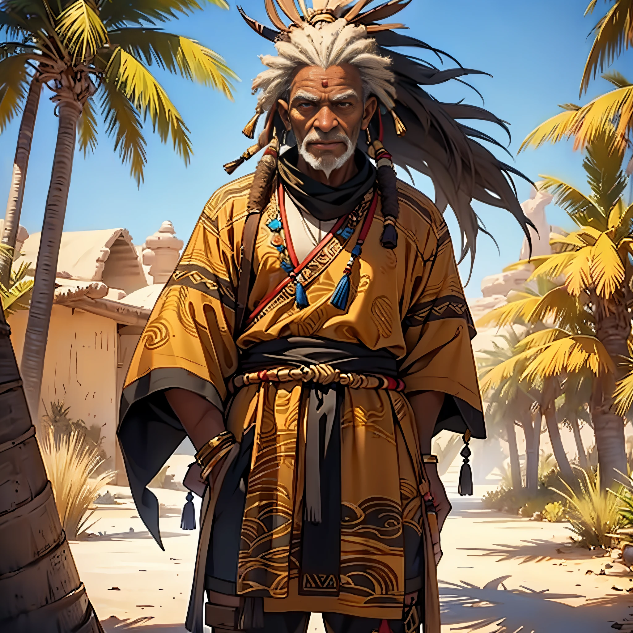 masterpiece, Best Quality, detailed, Cinematics, 4k, african tribal warrior(very old man), Background with: Golden desert oasis and palm trees