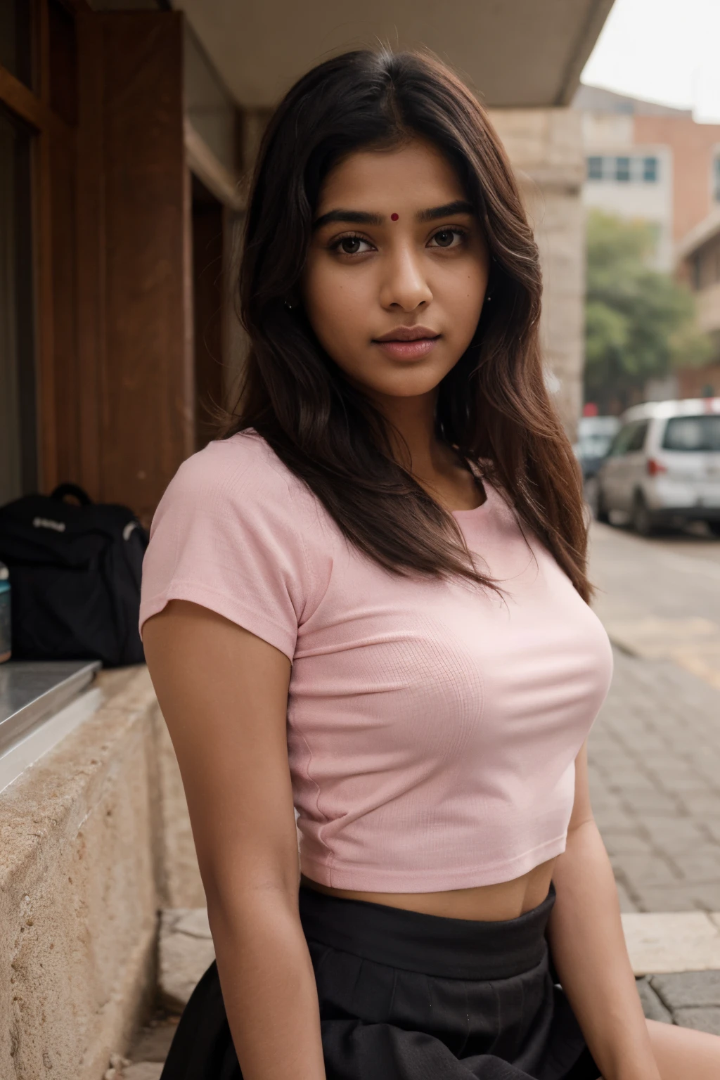 Indian girl in pink offsholder top black skirt shot hair hand on thigh bit lips