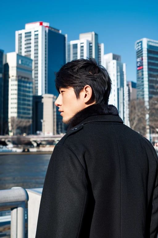 Handsome men,Upper body portrait,Turning around and looking at us,Allback,Japan men,Wearing a black coat,Background of buildings