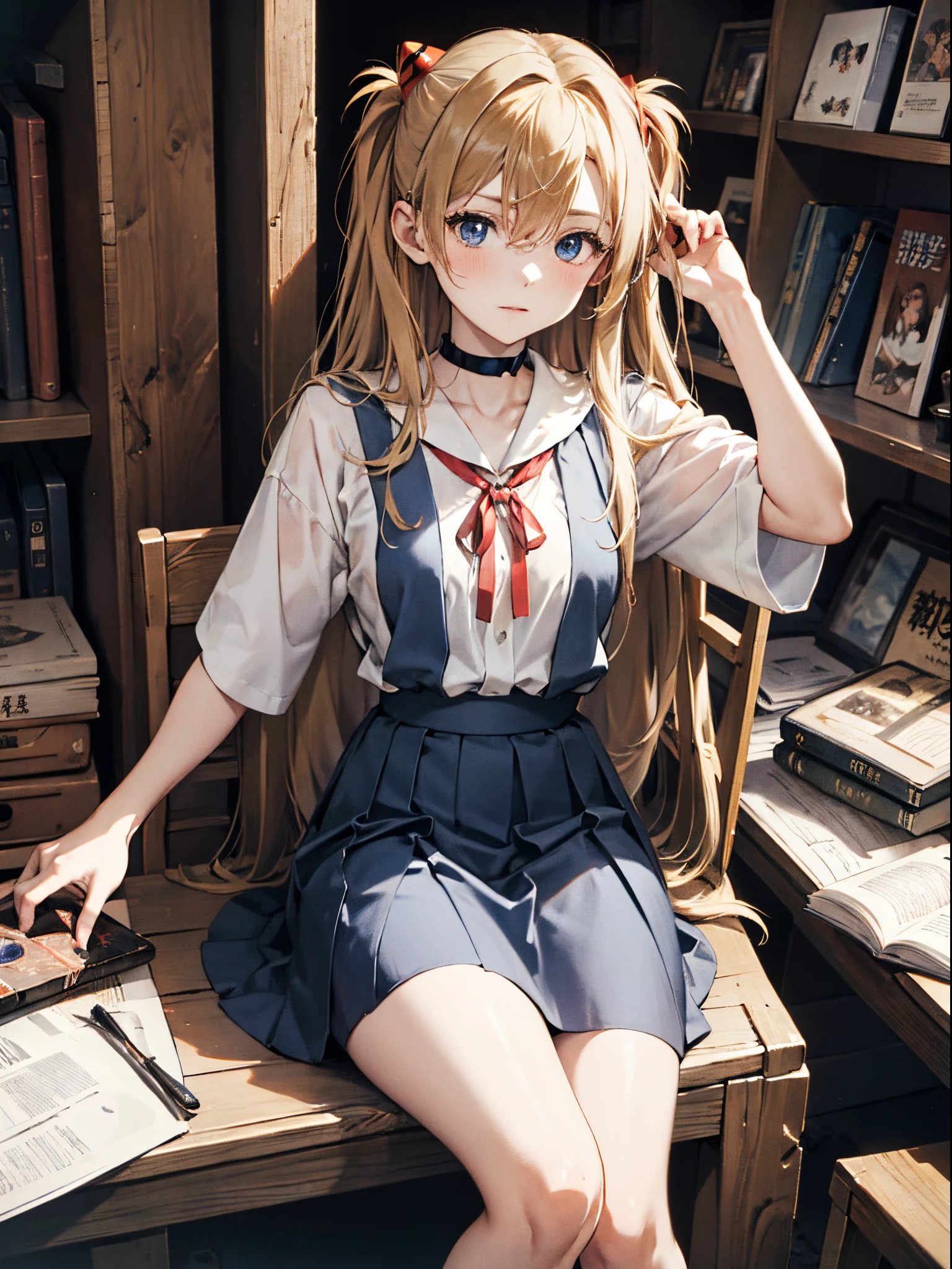 Asuka Langley Soryu，Blue eyes，hair between eye，headware，Interface headset，Orange hair，Red Ribbon、bow ribbon、校服、skirt by the、Slip Dress、Slip Dress、Tokyo No. 3 Middle School Uniforms、album artwork，Storytelling images