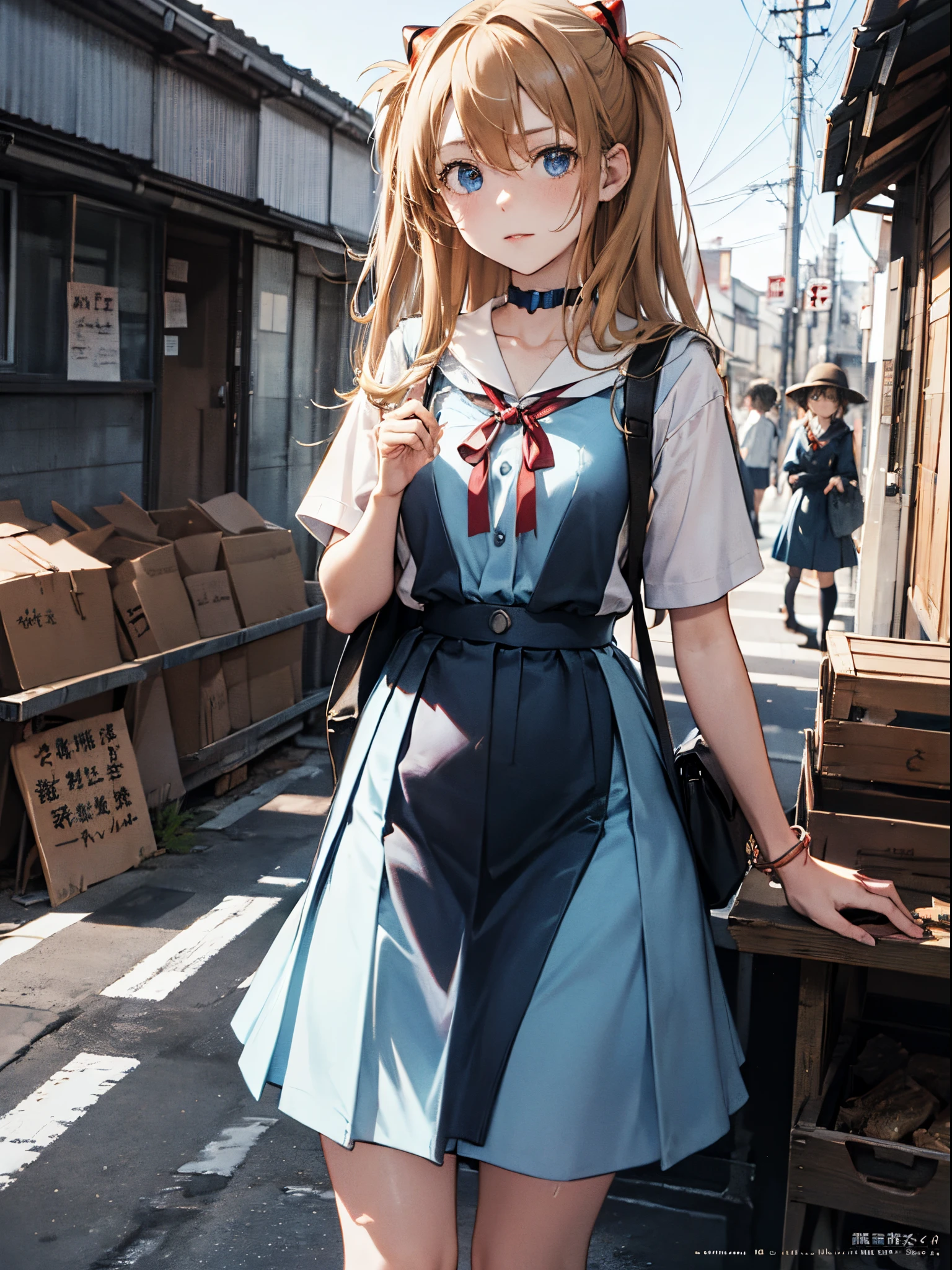 Asuka Langley Soryu，Blue eyes，hair between eye，headware，Interface headset，Orange hair，Red Ribbon、bow ribbon、校服、skirt by the、Slip Dress、Slip Dress、Tokyo No. 3 Middle School Uniforms、album artwork，Storytelling images