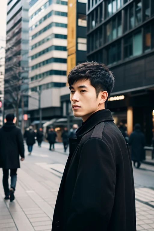 Handsome men,Upper body portrait,Turning around and looking at us,Allback,Japan men,Wearing a black coat,Background of buildings