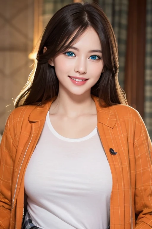 ((eBlue eyes)),((s the perfect face)),Beutiful women,Long gray hair,Toothy smile,whitet-shirt,((green plaid jacket)),((blue backdrop))