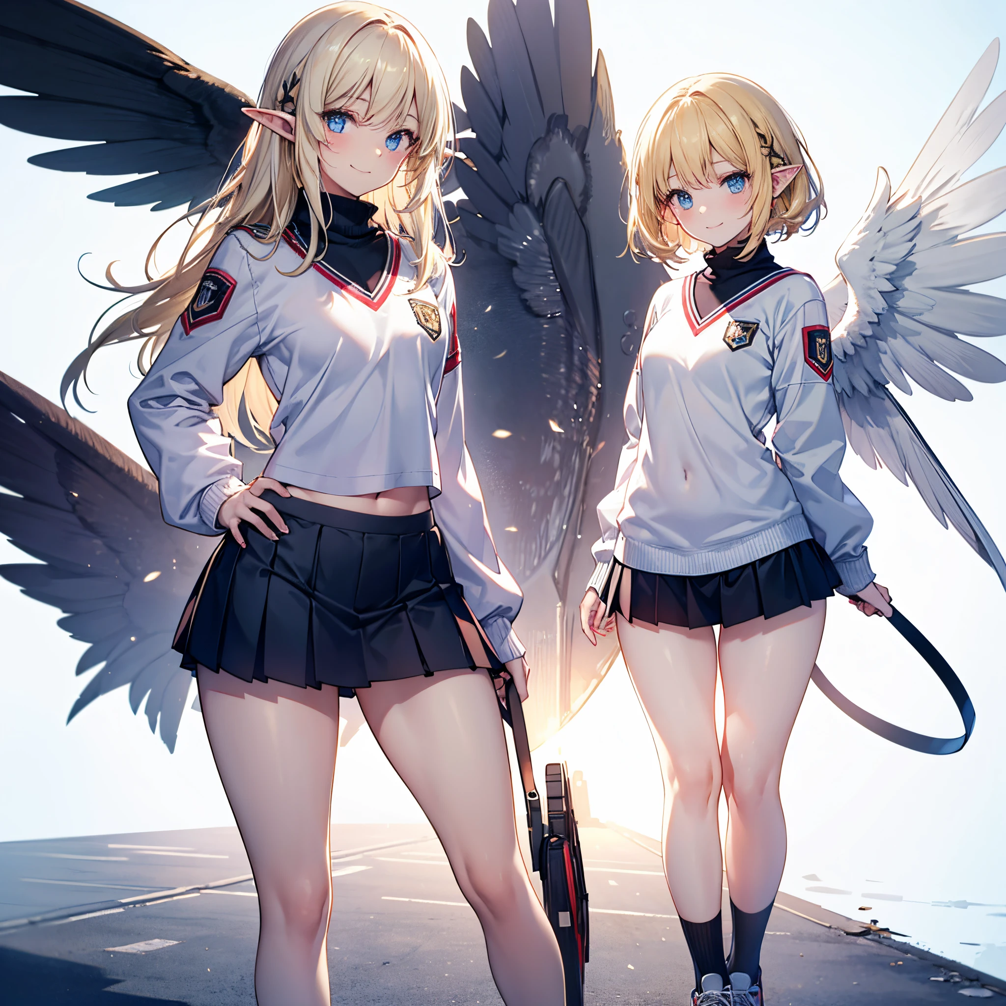 Realistic image, detailed image, 1 elf. She has sky blue eyes. She has blonde hair. with wings behind her back. She wears an oversized V-neck sweater, adorned with hearts. Pleated white miniskirt. Sneakers. Small breasts, narrow waist, wide hips and thick thighs. Arched back. Smile. White background. Uniform background. Volumetric light. Ambient light.
