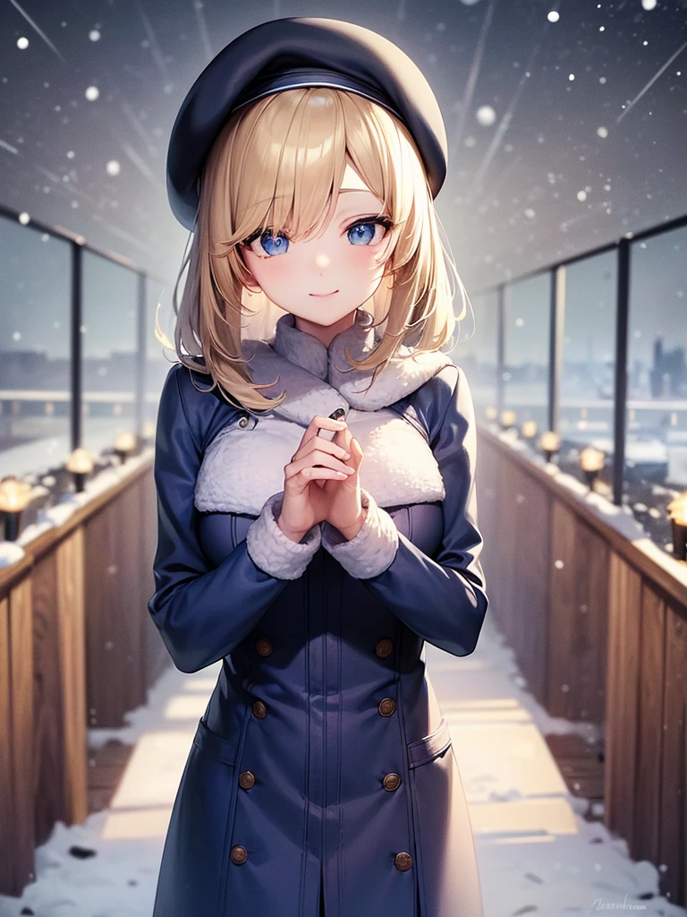 season winter, ((it's snowing in the bridge)), masterpiece, beautiful detailed grow, 1 blonde bob hair woman, blue eyes:1.4, sexsy smile, head is blue beret, tops is blue coat, enjoy walking, illumination light. ultra high res.