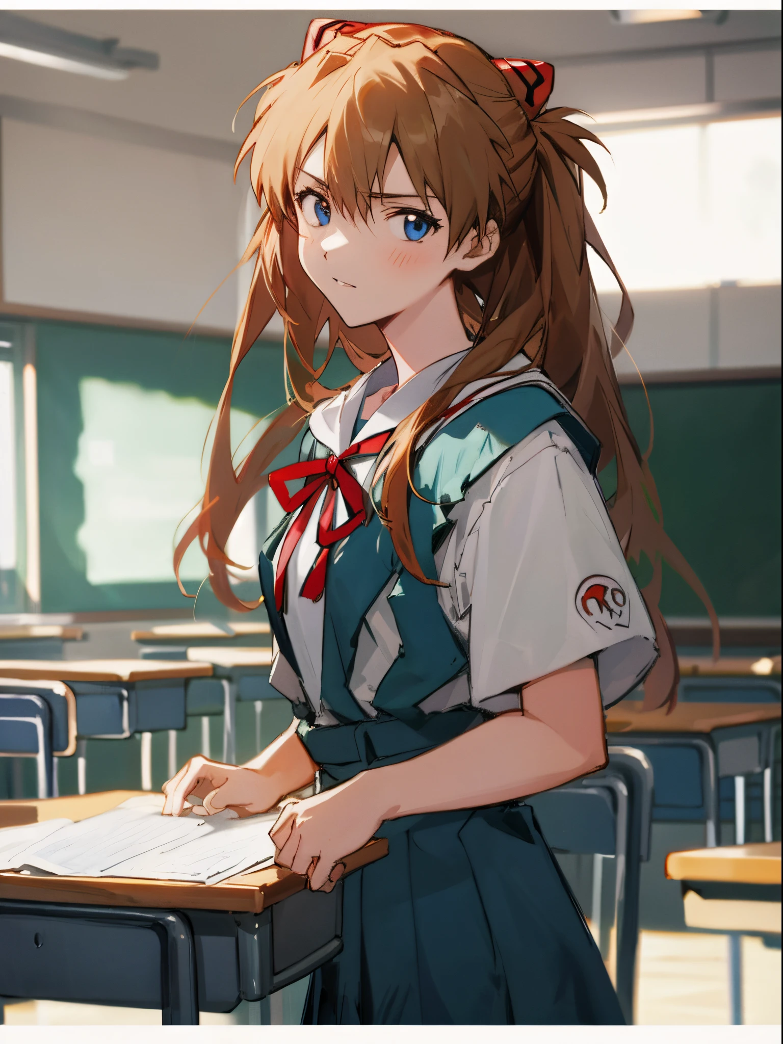 1 girl, Asuka, Evangelion, 8K, best quality, school uniform, classroom