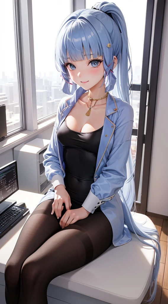 Character Details:, - Gender: 1 Girl.
- Style: Anime, - Body Type: Attractive body, slim body, nice legs, slim tights, nice arms, nice shoulders. - Breast: ((Small Breast:1,5)), Cleavage, ((Nipple Peek:1.8)).
- Facial Featureeautiful, Gorgeous, ager, Fresh, Young.
- Expression: Open Smile, Horny, Pink Blush on Face, Sexy Eyes, Sexy Look, Sweating, Innocent Look, Tipsy. - Hairstyle: Blunt Bangs, Long Hair. - Hair Color: Light Blue Hair.
- Clothing: ((Office White Shirt:1.4)), (Black Bra:1.2) ,((Office Skirt:1.4)), (off-shoulder:1.6), (Stocking:1.4). - Body Pose: (Sitting). - Behaviour: Waiting, Want Something, Secretly.
- Accessories: Earrings., Environmental Details:, - Setting: Office Room., - Lighting: Natural Light., - Decoration: Modern Office Desk, Chair, Window, White Curtain, City View. Top view. pov, anime style, UHD, retina, masterpiece, accurate, anatomically correct, textured.