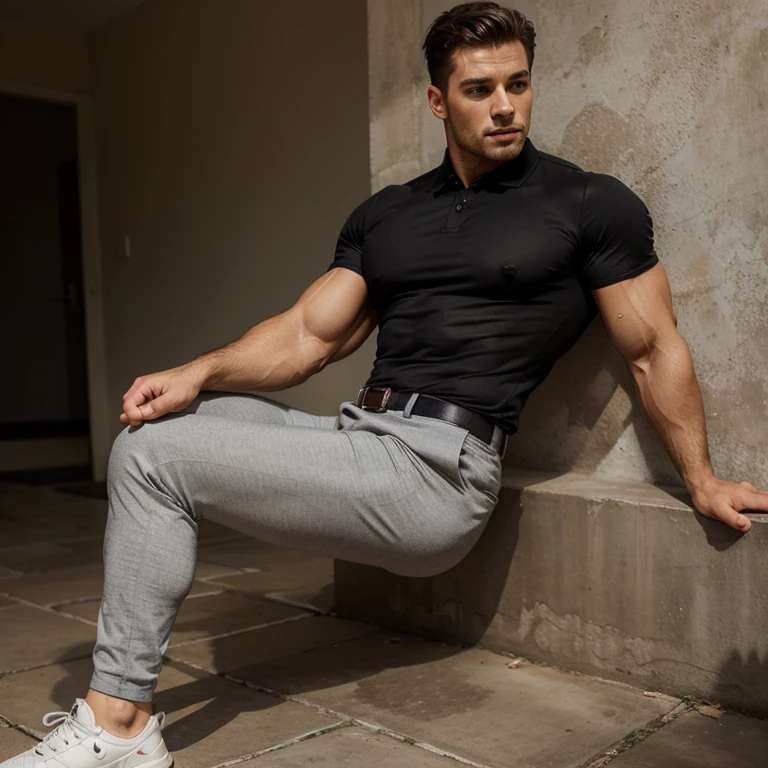 hot muscular man in tight polo and pants fullbody