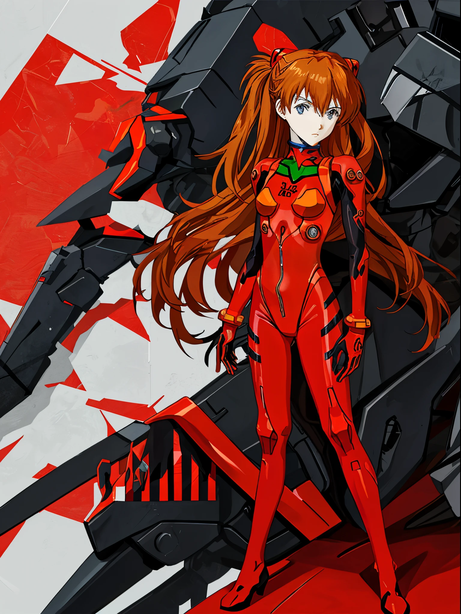 Shikiha Asuka Langre, ASUKA, Evangelion, her hair is a long blonde double ponytail, wearing a full red EVA pilot's combat suit, high heels on her feet, tsundere girl, slender, juvenile, with almond-shaped sky blue eyes, long eyelashes, shiny lips, tsundere and playful expression, full body portrait, hair bobbles, longeyelashes, light smile, ear blush, fang, blonde hair, twintails, heart-shaped pupils, Surrealism, drop shadow, stereogram, tachi-e, pov, atmospheric perspective, Futurism, anime style, cinematic lighting, sparkle, ray tracing, drop shadow, speed lines, tachi-e, diffraction spikes, f/16, 8k, super detail, ccurate, best quality, retina, masterpiece, award winning, textured skin