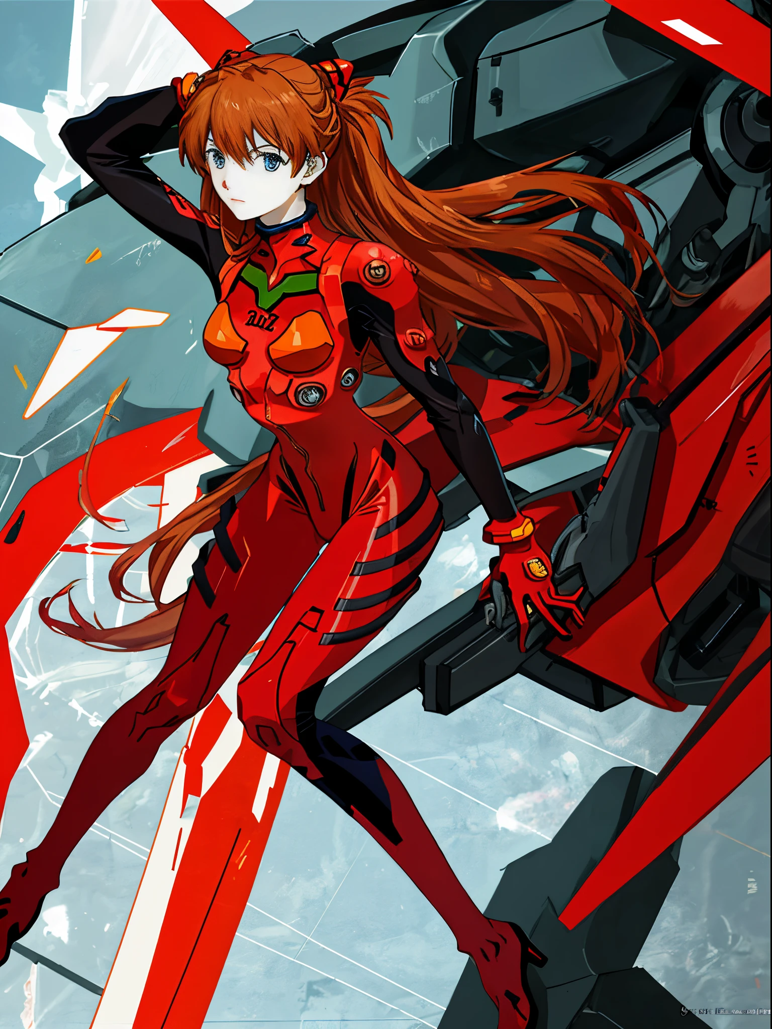 Shikiha Asuka Langre, ASUKA, Evangelion, her hair is a long blonde double ponytail, wearing a full red EVA pilot's combat suit, high heels on her feet, tsundere girl, slender, juvenile, with almond-shaped sky blue eyes, long eyelashes, shiny lips, tsundere and playful expression, full body portrait, hair bobbles, longeyelashes, light smile, ear blush, fang, blonde hair, twintails, heart-shaped pupils, Surrealism, drop shadow, stereogram, tachi-e, pov, atmospheric perspective, Futurism, anime style, cinematic lighting, sparkle, ray tracing, drop shadow, speed lines, tachi-e, diffraction spikes, f/16, 8k, super detail, ccurate, best quality, retina, masterpiece, award winning, textured skin