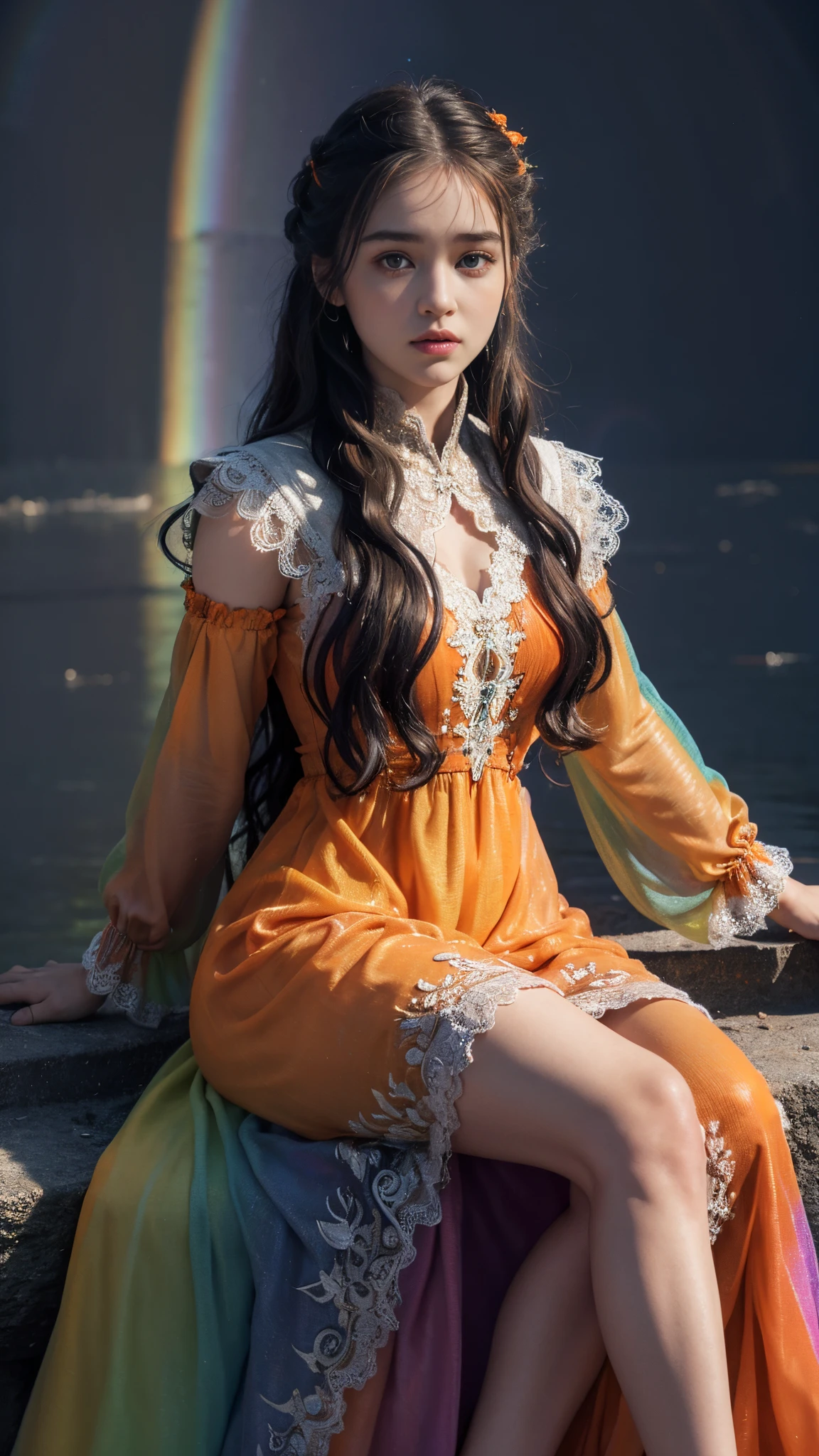 HDR 10, beautiful girl, detailed eyes, detailed lips, very long hair, rainbow hair, ultra detailed texture, water drops, outdoors, game of thrones, rainbow heavy dress, (high rainbow orange dress:1.5), lace, loops, soft lighting, sitting,