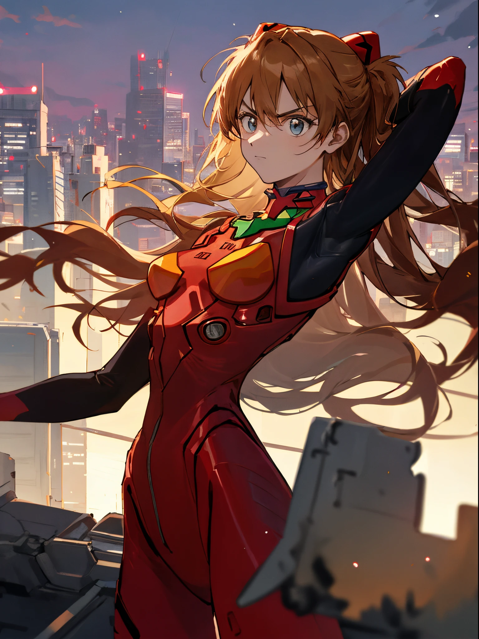 Asuka,1 girl,Driving Suit，city ruins，city rooftop side，Twilight，depth of fields，mont，Dusk light，云，8K，Best Quality，Proud Expression，Serious look, presenting armpit, sideboob barbosa