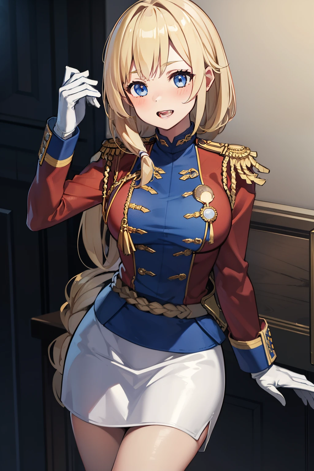 masterpiece, best quality,detailed 4K wallpaper,novel illustration, 1girl, solo, rodney,  blonde hair, hair over shoulder,blush,skirt, gloves, holding, white gloves, epaulettes, aiguillette, smile, white skirt,jacket,  long sleeves, looking at viewer, uniform, breasts, military uniform, miniskirt, military, bangs, red jacket, medium breasts, long hair, teeth,standing,