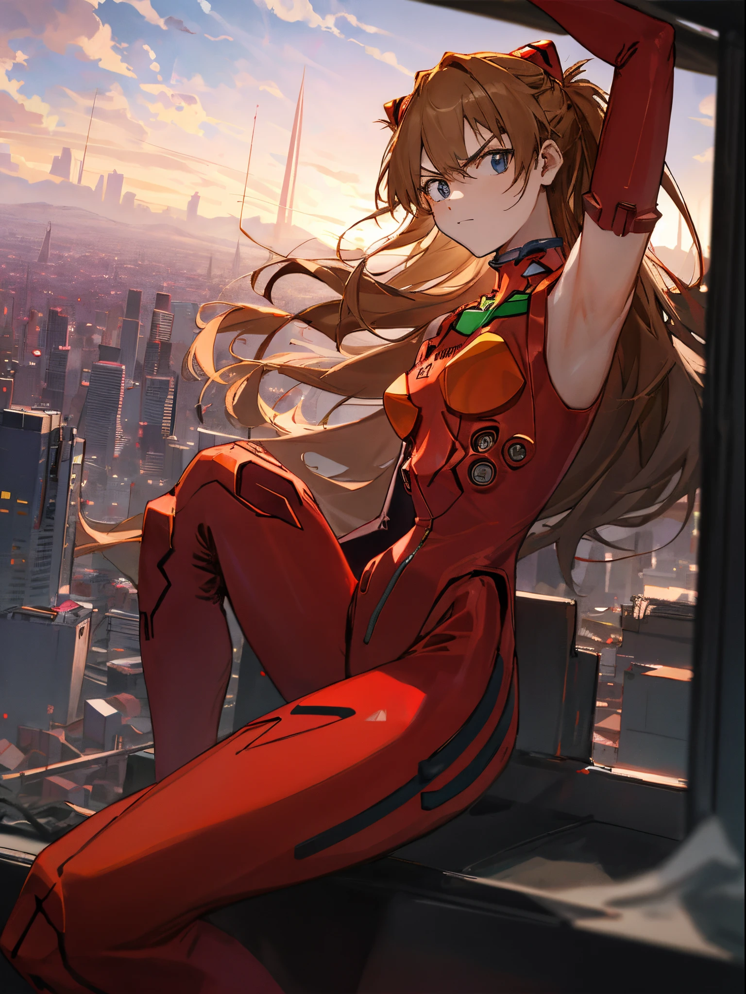 Asuka,1 girl,Driving Suit,city ruins,city rooftop side,Twilight,depth of fields,mont,Dusk light,云,8K,Best Quality,Proud Expression,Serious look, presenting armpit, sideboob barbosa
