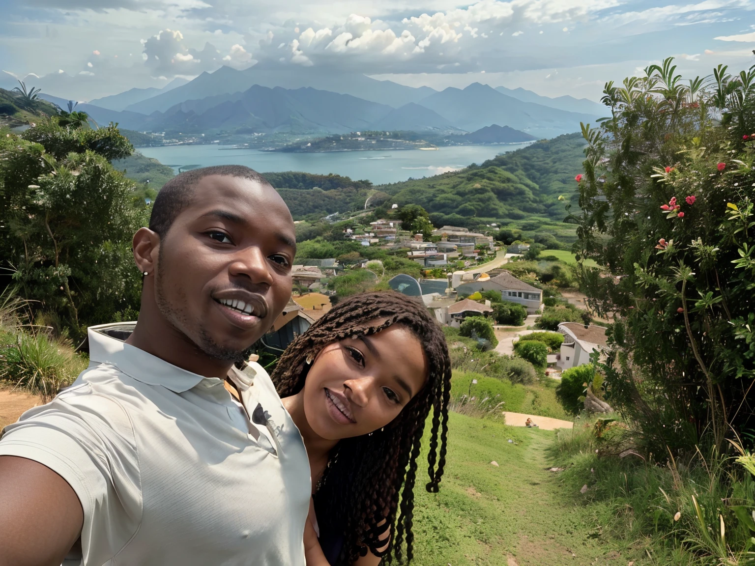 there is a man and woman taking a selfie in the grass, vacation photo, paradise in the background, view from the top, amazing view, in africa, beautiful view, stunning view, with mountains in the background, nice view, in a scenic background, background is heavenly, emmanuel shiru, hills in the background, lovely couple, beautiful views