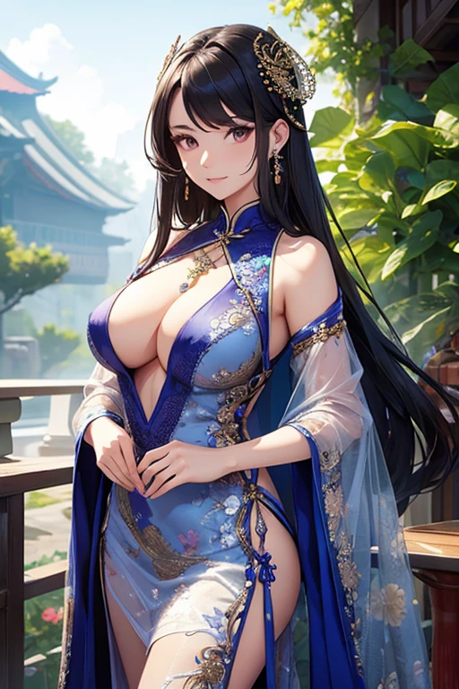 Chinese transparent silk dress, hair adornments, necklace, jewelry, Long hair, Earrings, Chinese clothes, Big boobs