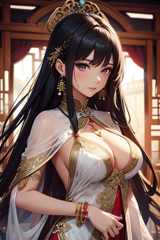 Chinese transparent silk dress, hair adornments, necklace, jewelry, Long hair, Earrings, Chinese clothes, Big boobs