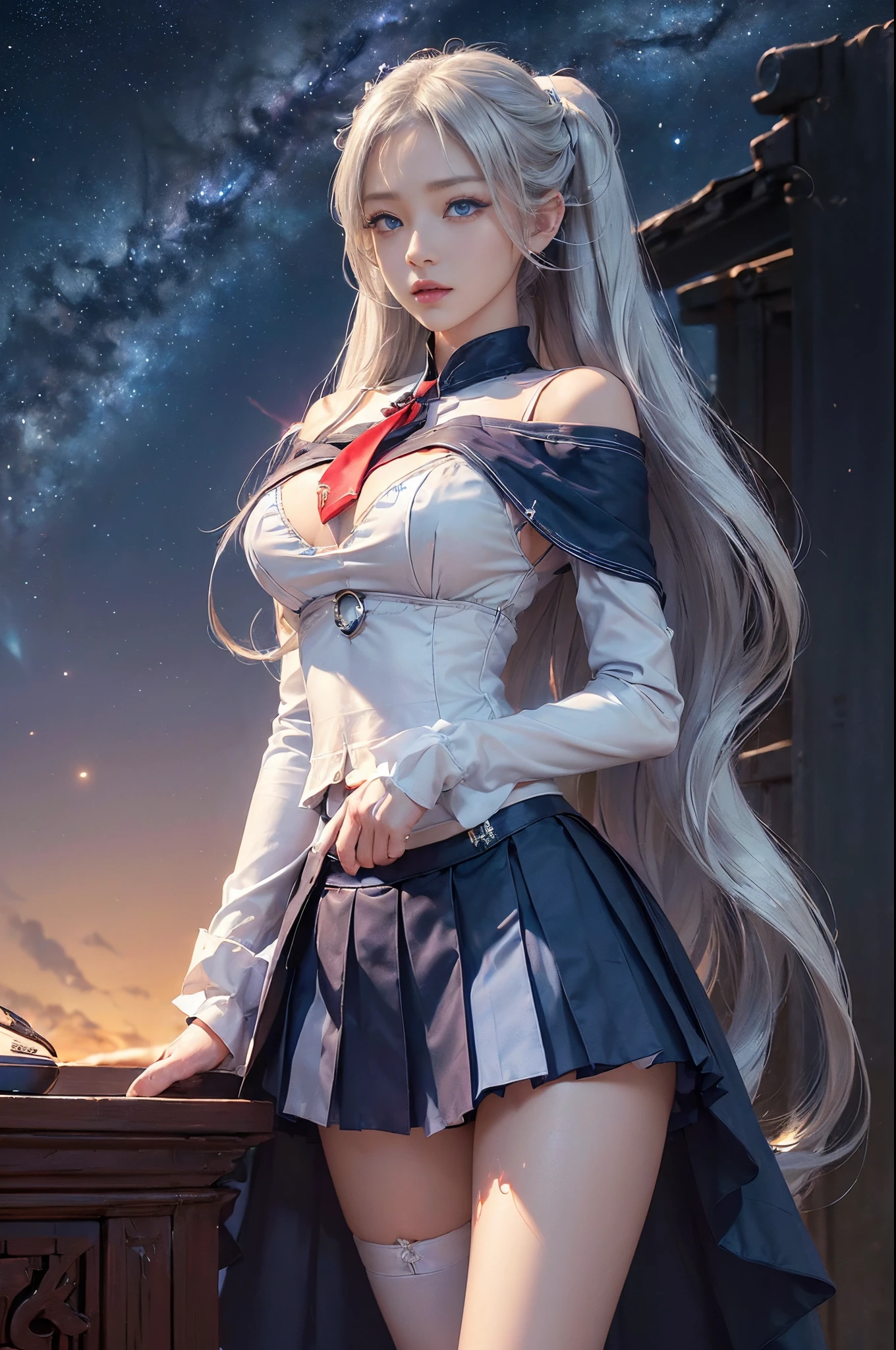 blonde gray hair, hair straight, Spread your hair, long whitr hair, students shine, Long eyelashes, eBlue eyes, cosmetics, ssmile, colorfield painting, Contemporary art,Double whirlwind pattern design garment,Heterochromic iris pupils,((Girl with silver ponytail))((Off-the-shoulder white sailor suit)),((red necktie))、((Navy detail flare miniskirt))((blackstockings))((black heels))、free hd wallpapers,cropped shoulders、((Erect nipples))、(Puffy eyes:1.2)、 (Thin leg),(The light shines on the face and chest)、(((((underbust)))))、Lower breast、oilly skin、Skinny、 (The underside of the chest is slightly visible),(Visible milk volume、I can see your belly button and ribs)、Hip bones and lower abdomen clearly visible、Dark blue flared skirt、(lifting up skirt),((White T-back panties visible)),((Milky Way in the background))、 Northern Renaissance, bblurry, blend, from below, From the side Side, Panorama Figures, ultra-wide-angle, wide angles, F/1.8, 135mm, kanon, north african free trade area, retinas, On the table, meticulously made, Anatomically correct, skin texture, super detailing, high detal, high qulity, A high resolution, 1080p, hdd, 4K, 8K, Highest quality, a sexy pose , (cheer girl), Sefuku, Japan School Water Uniform, Dark blue pleated skirt:1.27), (from below, white thong, 1.24),(top-quality)、 (masterpiece)、(profesional lighting,There are fewer shadows)、 (Surreal)、 (perfect anatomia)、 (in front of camera、There are two women、bangs and forehead、And moles under the eyes), (Brightening and even skin,No wrinkles and no steps:1.5), (A beautiful Blue eyes,Long eyelashes and red tear pockets:1.5), (The two men proudly held up their chests in front of the camera.:1.2), (There is another person on the other side、Turning backwards,Arched hips)、