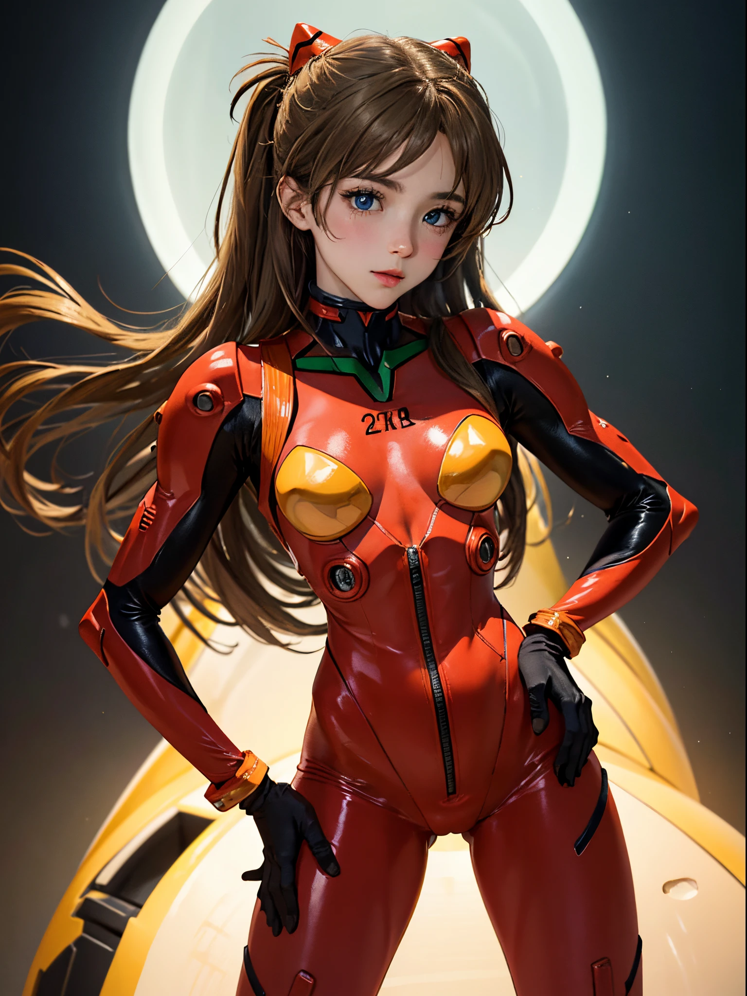 (Masterpiece: 1.4, top quality), (intricate details), Unity8k wallpaper, super detailed, beautiful and mysterious, detailed background, realistic, solo, perfect detail face, detailed blue eyes, very detailed, blush, hair ornament, chignon mahogany hair, (blonde hair), plug suit 02,Shikinami Asuka Langley, Evangelion, slender 15-year-old girl, full body suit, black background