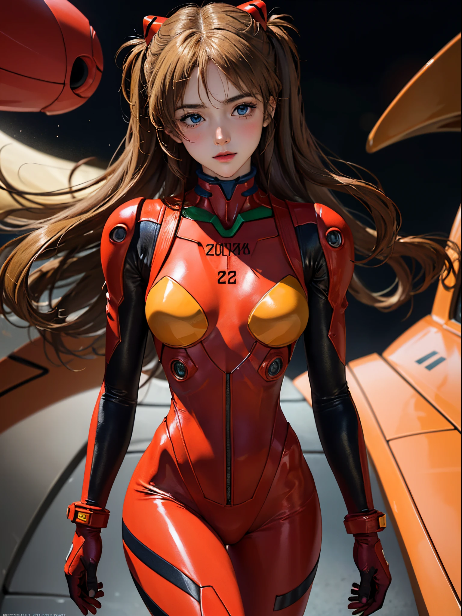 (Masterpiece: 1.4, top quality), (intricate details), Unity8k wallpaper, super detailed, beautiful and mysterious, detailed background, realistic, solo, perfect detail face, detailed blue eyes, very detailed, blush, hair ornament, chignon mahogany hair, (blonde hair), plug suit 02,Shikinami Asuka Langley, Evangelion, slender -yeld gi full body suit, black background