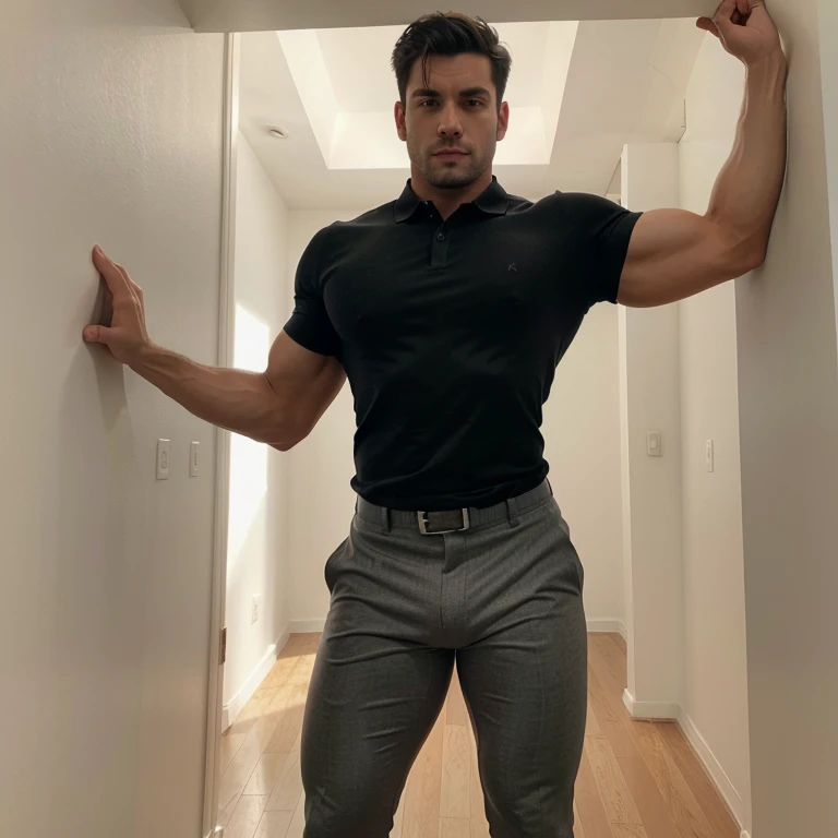 Sexy Muscular man, very short hair, tight polo shirt, fullbody, big bulge