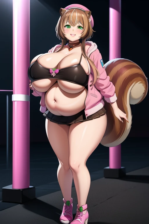 Ayunda risu - hololive, 1girl, (((bimbo))), short brown hair, pink beret, green eyes, (((bimbo))), squirrel ears, squirell tail, thin lips, painted lips, naughty smile face, pregnant belly, big belly, wide ????, thick thighs, huge round ???, enormous natural ???????, shiny oily ???????, pink knit jacket, white skirt, full body, night club, ????