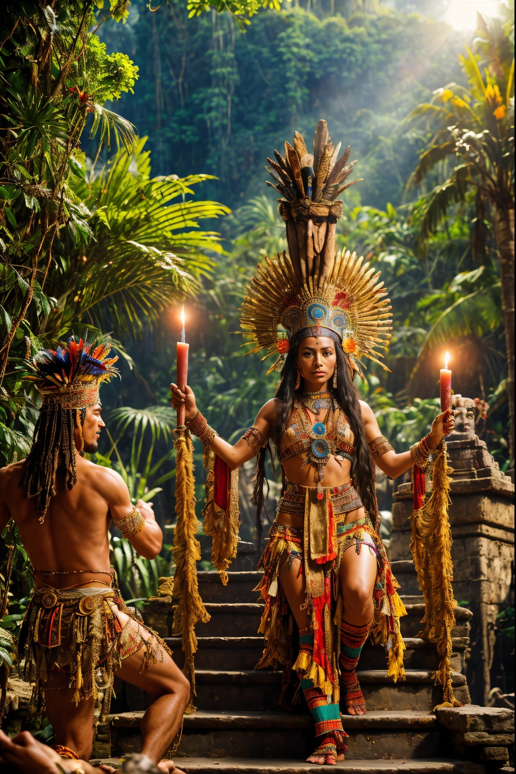 Beautiful Aztec priestess, sexy Aztec priestess clothing, at the top of a stepped pyramid, jungle background, (sacrificing a man on a bloody altar), masterpiece, cinematic lighting, RAW photography, backlight, bokeh, sharp focus, rim lighting, 8k, high quality