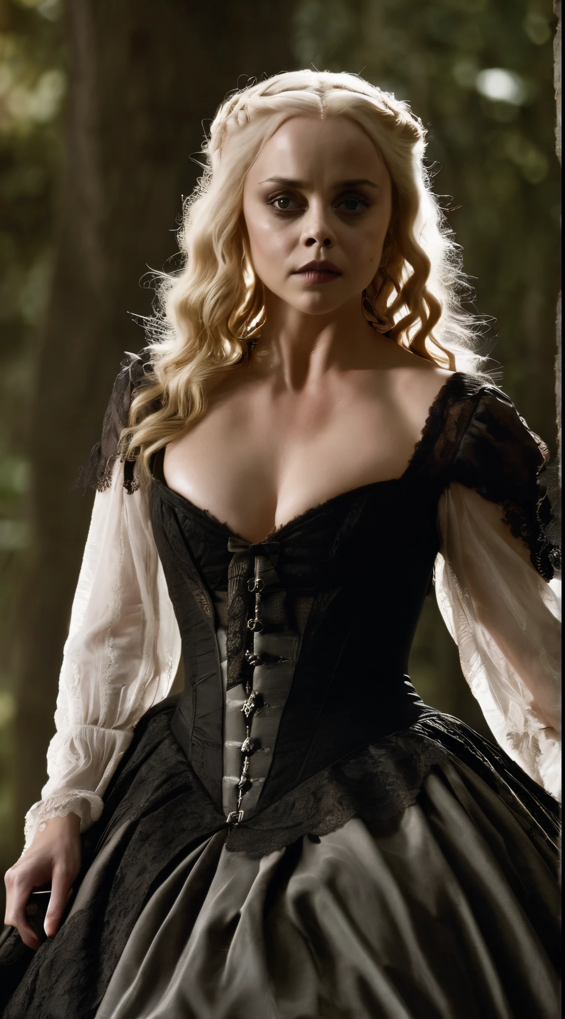 Christina Ricci:1.3_(sleepy hollow movie), ((curly long_blonde haired)), victorian_dressed, black_dress, lace bustier,  Victorian age,  prominent breast, huge sexy cleavage, huge saggy breasts, corset, gothic core, Europe middle , lace details in dress, parted lips, seductive smile, naughty, rape face, high detail, depth of field, cinematic lighting, wide shot, Wide-Angle, 35mm, Nikon, UHD, ccurate, anatomically correct, super detail, high quality, portrait to sleepy hollow movie