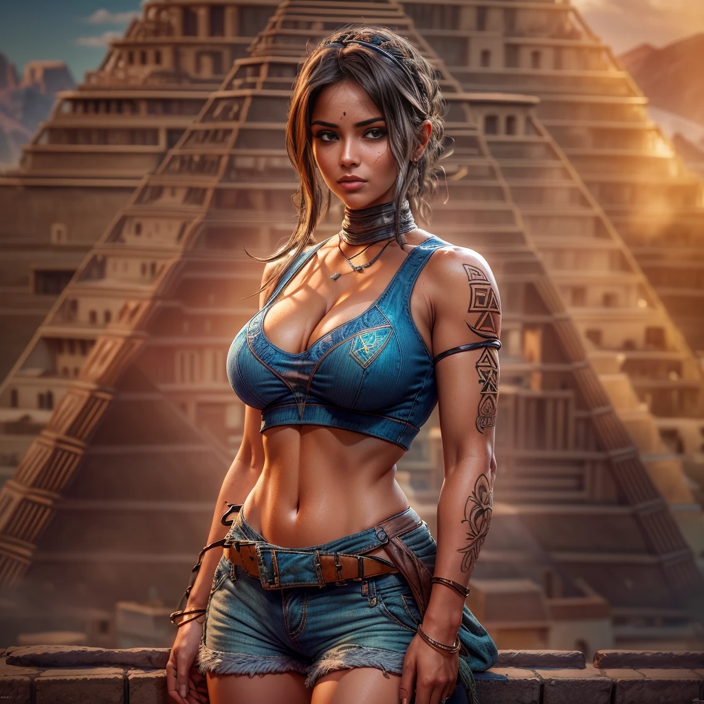 8K ultra-realistic artwork featuring 1 seductively posed young and busty Lara Croft in small sexy kaki shorts and a blue crop top with a deep neckline. Amazing body , big natural breast, small waist and big nice butt . Ensure she gazes provocatively towards the viewer, exuding a captivating and determined allure. Depict her in a dynamic action pose, set against the backdrop of an Aztec pyramid, with highly detailed surroundings, lifelike skin tones, and light reflections to elevate the realism. Aim for the artistic style reminiscent of a renowned artist, implementing visual enhancements to maximize the image's allure and aesthetic appeal."incredible masterpiece , hourglass body shape