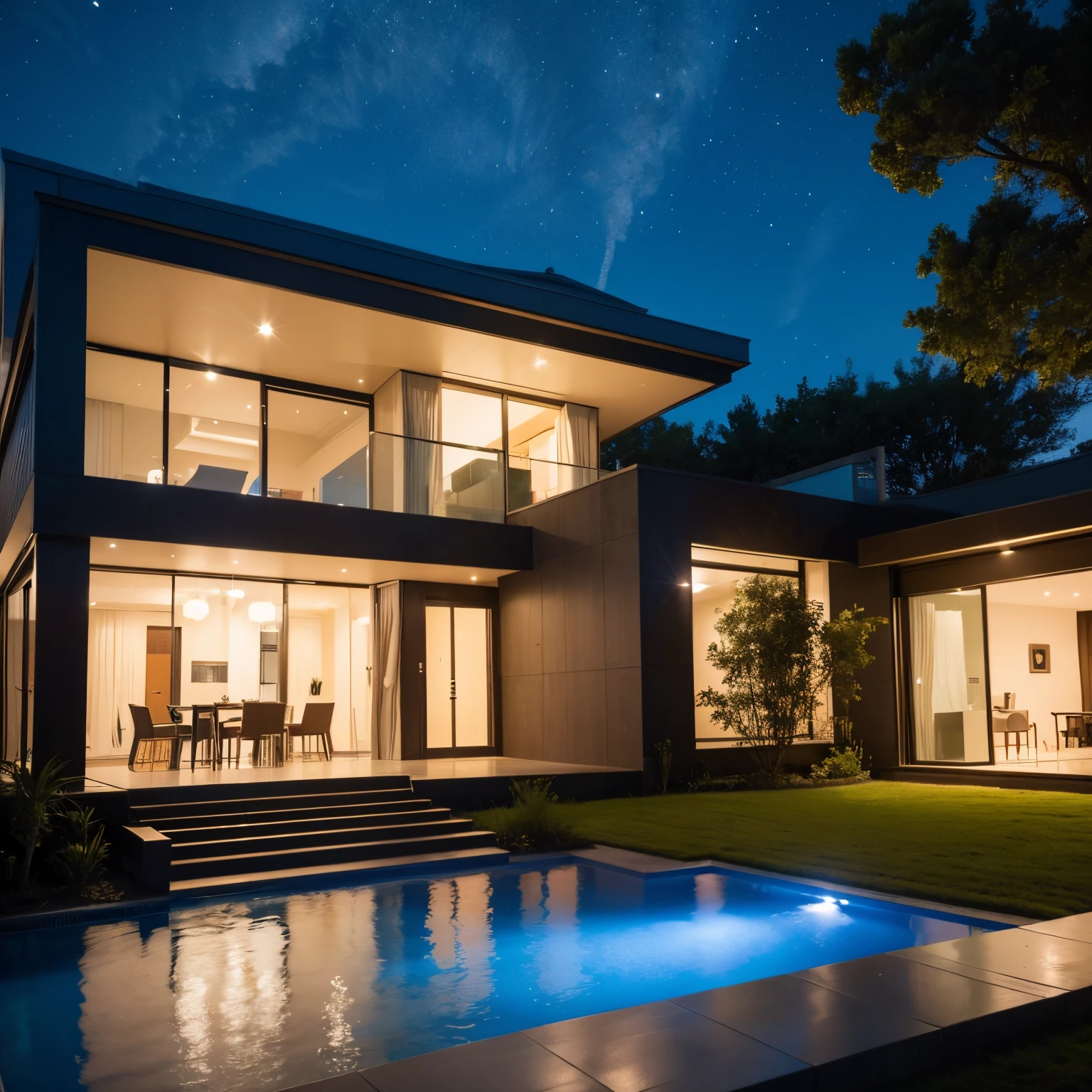 Modern house, large, no one, night time, middle fogus, high details