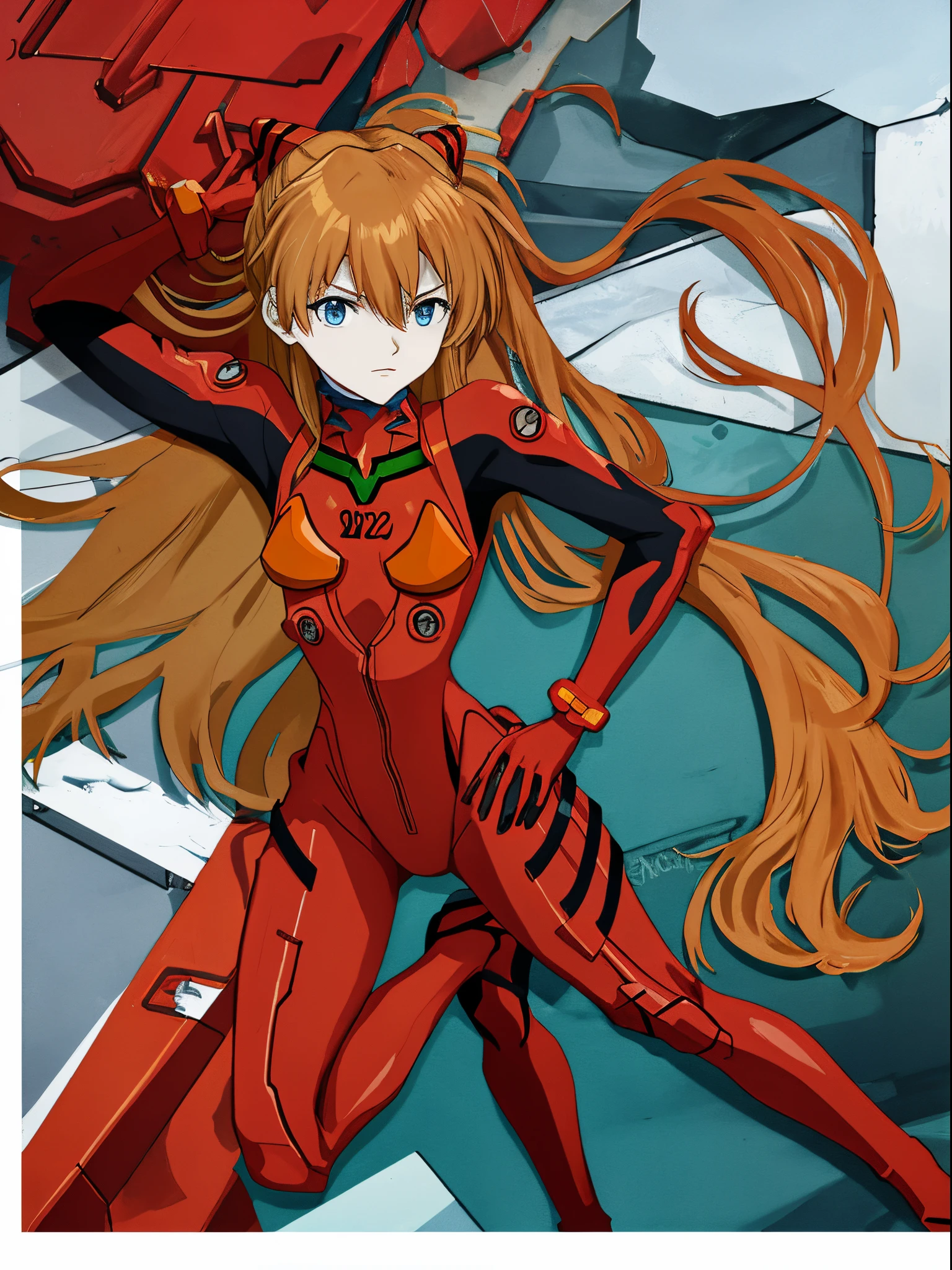 Shikiha Asuka Langre, ASUKA, Evangelion, her hair is a long blonde double ponytail, wearing a full red EVA pilot's combat suit, high heels on her feet, tsundere girl, slender, juvenile, with almond-shaped sky blue eyes, long eyelashes, shiny lips, tsundere and playful expression, full body portrait, hair bobbles, longeyelashes, light smile, ear blush, fang, blonde hair, twintails, heart-shaped pupils, Surrealism, drop shadow, stereogram, tachi-e, pov, atmospheric perspective, Futurism, anime style, cinematic lighting, sparkle, ray tracing, drop shadow, speed lines, tachi-e, diffraction spikes, f/16, 8k, super detail, ccurate, best quality, retina, masterpiece, award winning, textured skin