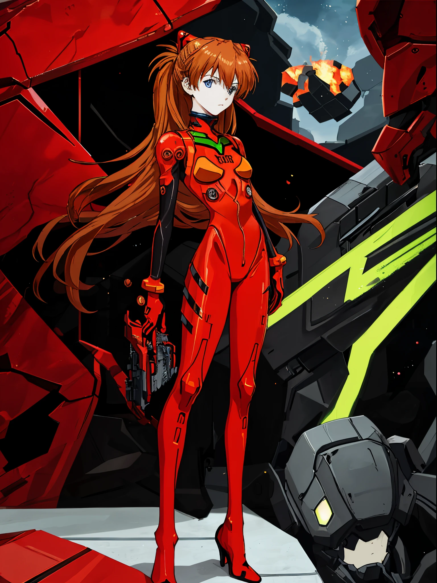 Shikiha Asuka Langre, ASUKA, Evangelion, her hair is a long blonde double ponytail, wearing a full red EVA pilot's combat suit, high heels on her feet, tsundere girl, slender, juvenile, with almond-shaped sky blue eyes, long eyelashes, shiny lips, tsundere and playful expression, full body portrait, hair bobbles, longeyelashes, light smile, ear blush, fang, blonde hair, twintails, heart-shaped pupils, Surrealism, drop shadow, stereogram, tachi-e, pov, atmospheric perspective, Futurism, anime style, cinematic lighting, sparkle, ray tracing, drop shadow, speed lines, tachi-e, diffraction spikes, f/16, 8k, super detail, ccurate, best quality, retina, masterpiece, award winning, textured skin