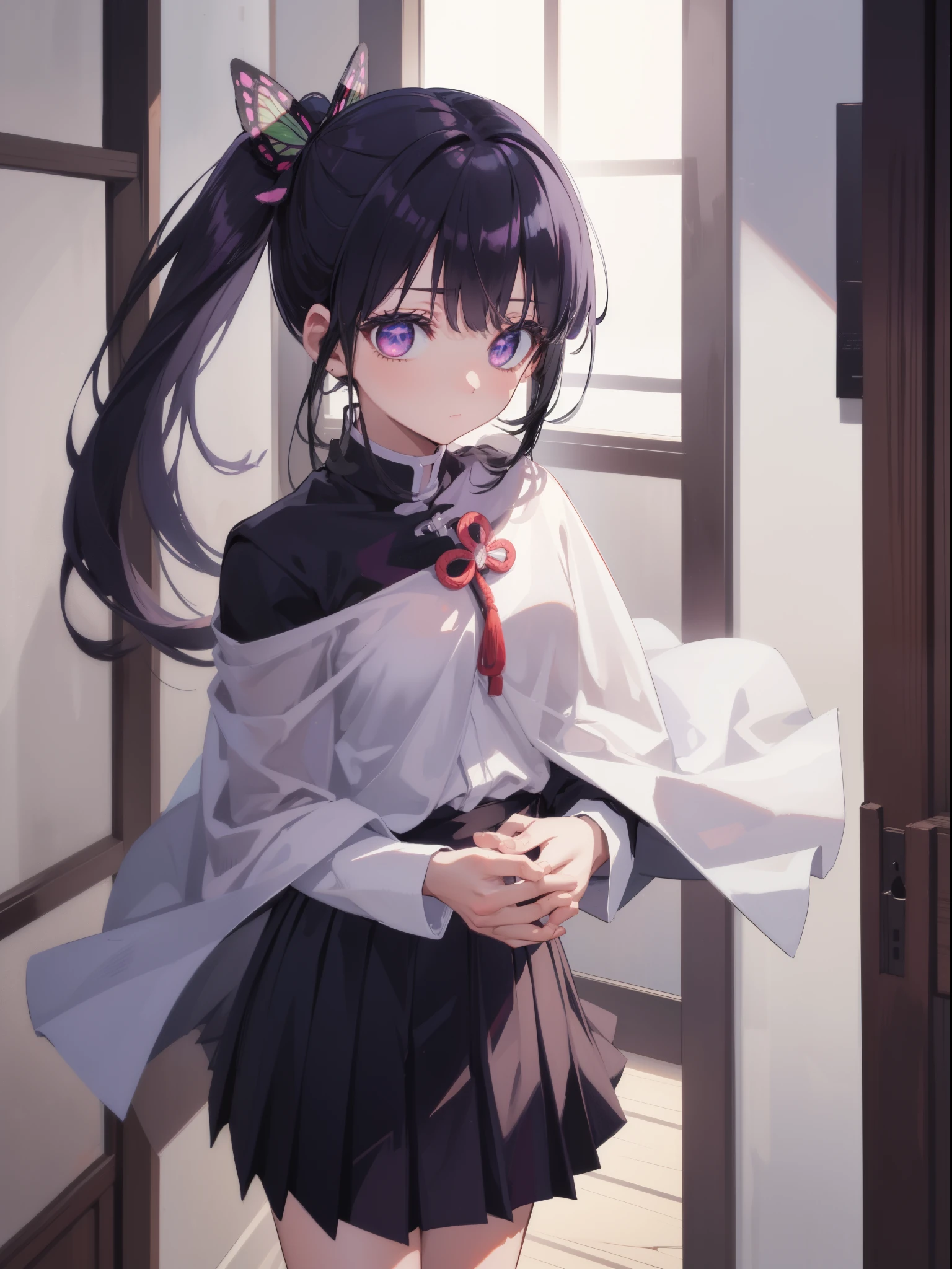 (8K、Highest image quality、highest quality、masterpiece)、detailed face、1 girl、black hair、hime cut、long hair、pink eyes、blush、evil small、((grin))、earrings、big breasts、Pink ruffled clothes、long sleeve、black mini skirt、jirai kei、((skirtliftfront))、((black lace panties))、Take from below、cowboy shot、bedroom background