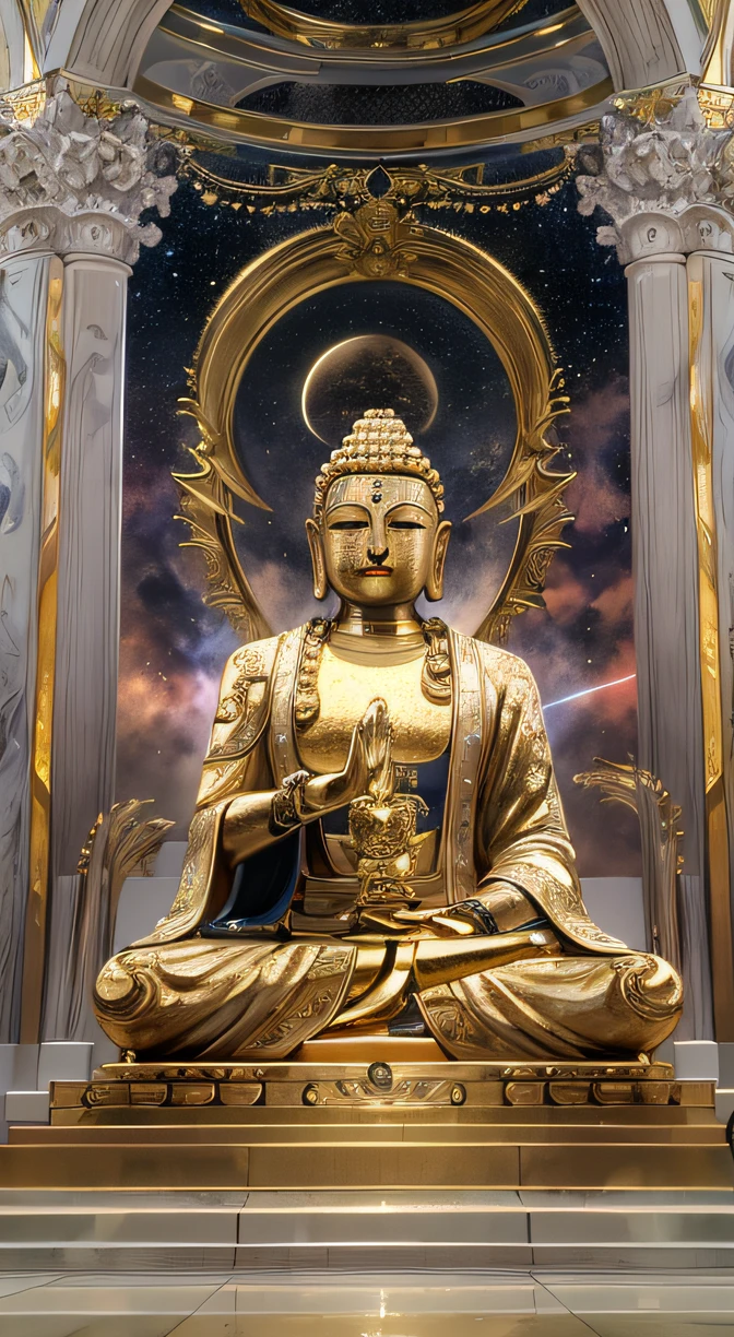 An epic masterpiece,Works of masters,The high-tech Buddha of the future,gold eyes,he crosses his arms,Red spiders,Buddha body is made of white metal,The Milky Way shines behind me,Solemn and majestic,Audience faces and perspectives,ultra HD picture quality,tmasterpiece,Best quality,The details were perfect