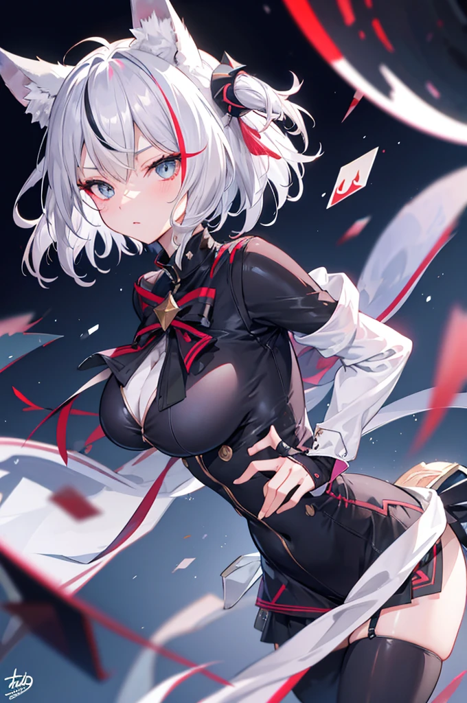 1个Giant Breast Girl, nightcity, Sateen, Manteau, hands in a pocket, streaked hair, silver hair, pixie cut, beret, empty eyes, animal ears, fox ears, glasgow smile, motion blur, Surrealism, high detail, anime, motion blur, first-person view, diffraction spikes, UHD, textured skin, UHD, textured skin, best quality