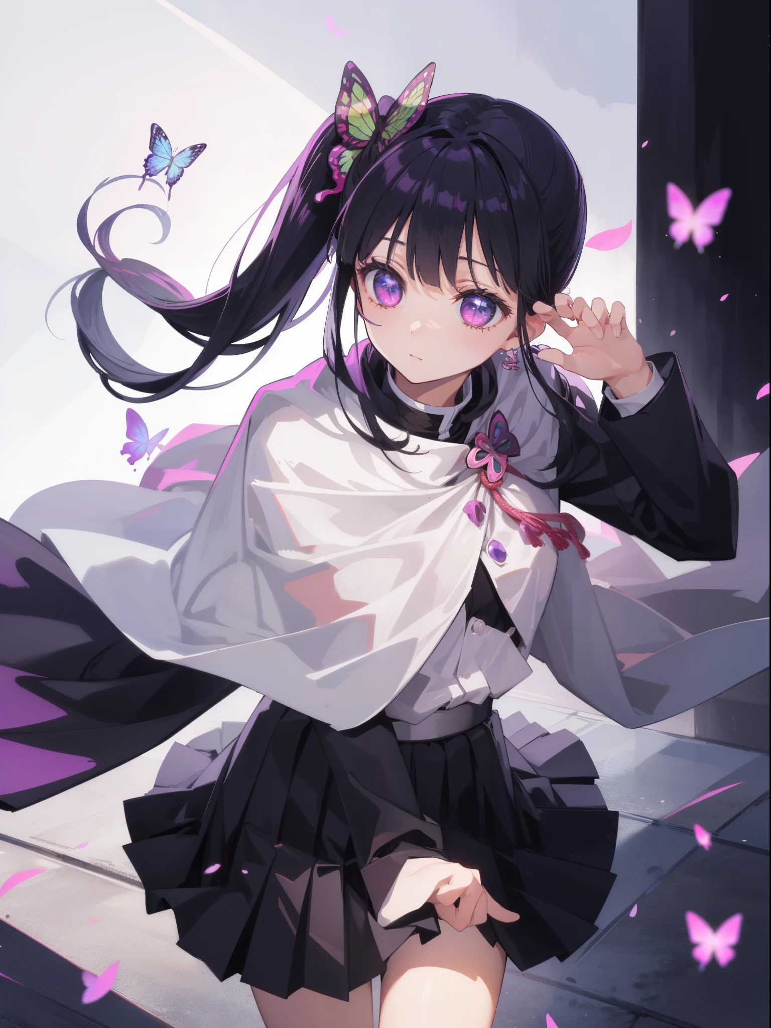 Kanaotsu Yuri, Kanao Tsuyuri, Black hair, butterfly, butterfly hair ornament, (Purple eyes:1.1), Side Ponytail, Ponytail, 
Blake Black Skirt, Cape, demon slayer uniform, Long sleeves, Pleated skirt, Skirt, white cape,
BREAK looking at viewer,
Break indoors, crass room,
BREAK (masutepiece:1.2), Best Quality, High resolution, Unity 8k壁纸, (Illustration:0.8), (Beautiful detailed eyes:1.6), extra detailed face, Perfect Lighting, extremely details CG, (Perfect hands, Perfect Anatomy),