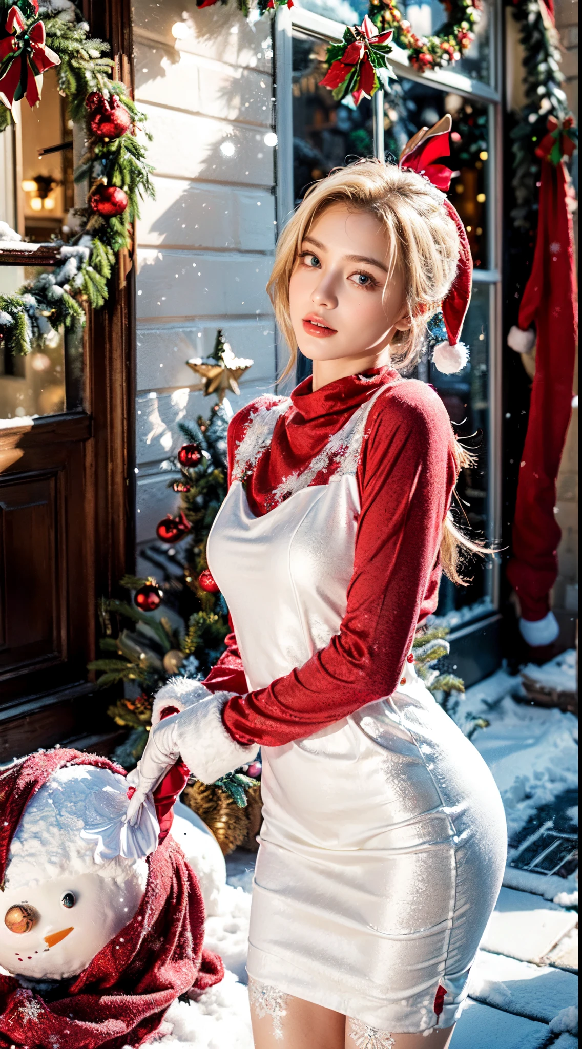 (Ultra-detailed eyes), (((textile shading))), (((Best Quality))), (((masutepiece))), (((Ultra-detailed CG))), sassy girl, (((magical little girl))), (Petite), (tiny chest), blonde hair, blonde hair, blonde hair, ((short hair, gorgeous hair)), Pink eyes, (((christmas Dress, red and white christmas Dresses, y2k Christmas outfit))), ((striking a pose)), (((Game CG)) (gorgeous, sassy, it girl), fancy jewelry, sparkling sky, outside the house is full of snow, christmas vibe, snow fall, snowman, light christmas, christmas tree, strong christmas atmosphere, cowboy shot, midshot, centered image, eye on camera, daylight