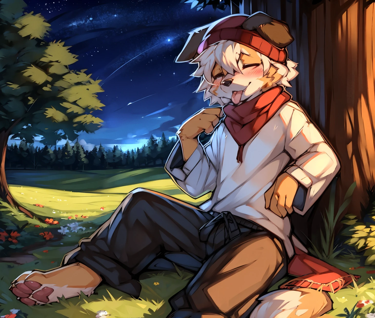 Australian shepherd male, sitting on a feild of grass, meadow, baggy pants, detailed oversized long-sleeved shirt, fluffy hair, detailed background, detailed face, detailed male body, scarf, berret, detailed canine face, by Zackary911 ((Zackary911: 1.1)), midnight, stary sky, detailed canine paws, masterpiece, 4k, highest-quality, detailed hands, sticking out tongue, blush closed eyes,