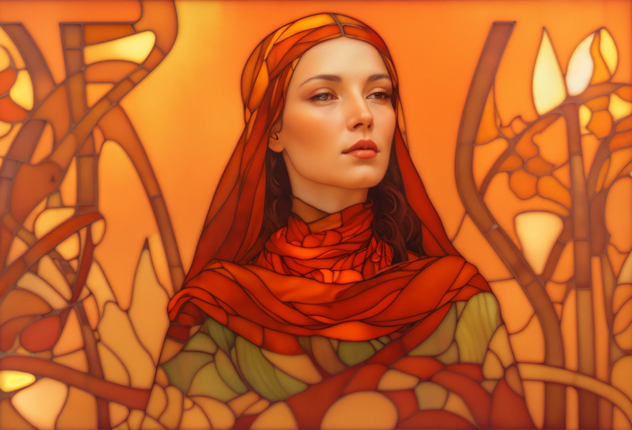 A picture of a woman wearing a red scarf and a yellow scarf, maxim verehin stained glass, moebius + ArtGerm, by mucha. Art Nouveau. Groomhaven, hyperrealistic art nouveau, raphaelite and mucha, by Galen Dara, Altgerm Mucha, Musha Tiffany Kilian Engineering, Raphaelite and Alphonse Mucha