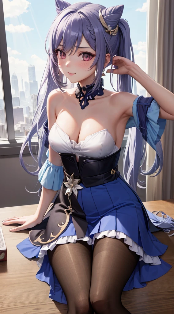 Character Details:, - Gender: 1 Girl.
- Style: Anime, - Body Type: Attractive body, slim body, nice legs, slim tights, nice arms, nice shoulders. - Breast: ((Small Breast:1,5)), Cleavage.
- Facial Features: Beautiful, Gorgeous, r, Fresh, Young.
- Expression: Smile, Pink Blush on Face, Sexy Eyes, Sexy Look, Innocent Look, Tipsy. - Hairstyle: Blunt Bangs, Long Hair. - Hair Color: Light Blue Hair.
- Clothing: Office Shirt, Underwear, Stocking. - Body Pose: Sitting on Desk, Closed Leg. - Behaviour: Waiting Alone, Want Something, Secretly.
- Accessories: Earrings., Environmental Details:, - Setting: Office Room., - Lighting: Natural Light., - Decoration: Modern Office Desk, Chair, Window, White Curtain, City View. Top view. pov, anime style, UHD, retina, masterpiece, accurate, anatomically correct, textured