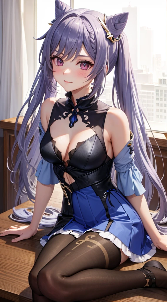 Character Details:, - Gender: 1 Girl.
- Style: Anime, - Body Type: Attractive body, slim body, nice legs, slim tights, nice arms, nice shoulders. - Breast: ((Small Breast:1,5)), Cleavage.
- Facial Features: Beautiful, Gorgeous, ager, Fresh, Young.
- Expression: Smile, Pink Blush on Face, Sexy Eyes, Sexy Look, Innocent Look, Tipsy. - Hairstyle: Blunt Bangs, Long Hair. - Hair Color: Light Blue Hair.
- Clothing: Office Shirt, Underwear, Stocking. - Body Pose: Sitting on Desk, Closed Leg. - Behaviour: Waiting Alone, Want Something, Secretly.
- Accessories: Earrings., Environmental Details:, - Setting: Office Room., - Lighting: Natural Light., - Decoration: Modern Office Desk, Chair, Window, White Curtain, City View. Top view. pov, anime style, UHD, retina, masterpiece, accurate, anatomically correct, textured