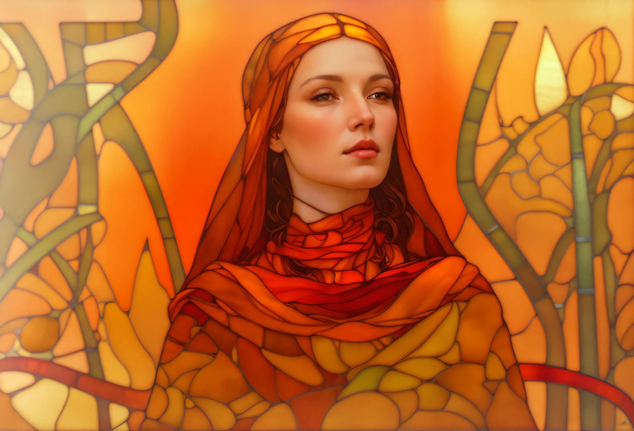 A picture of a woman wearing a red scarf and a yellow scarf, maxim verehin stained glass, moebius + ArtGerm, by mucha. Art Nouveau. Groomhaven, hyperrealistic art nouveau, raphaelite and mucha, by Galen Dara, Altgerm Mucha, Musha Tiffany Kilian Engineering, Raphaelite and Alphonse Mucha