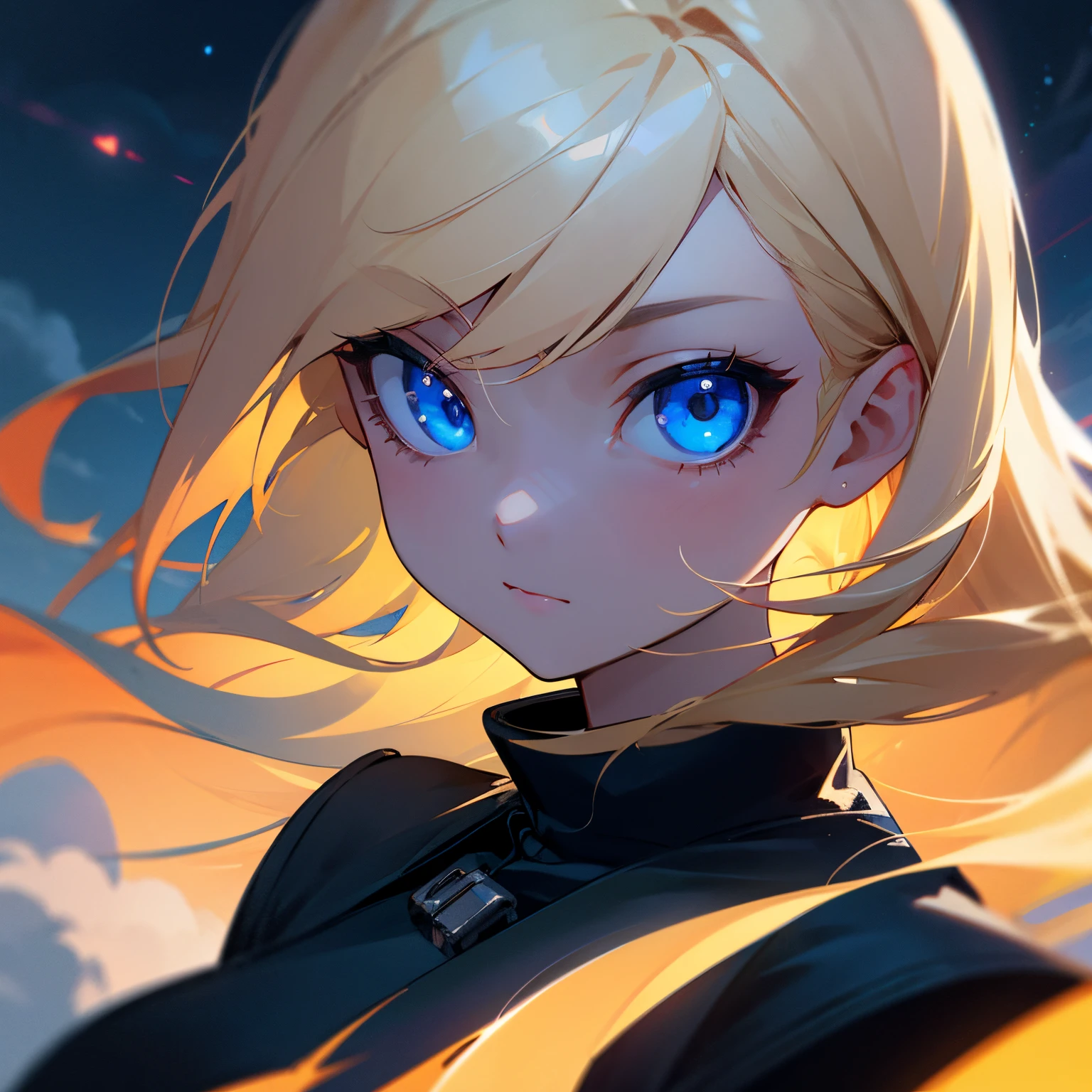 focus on face, blond girl, night sky, cinematic lights, only face, blue eyes, black clothes, very close face on camera, cute girl, clouds, cinematic photo
