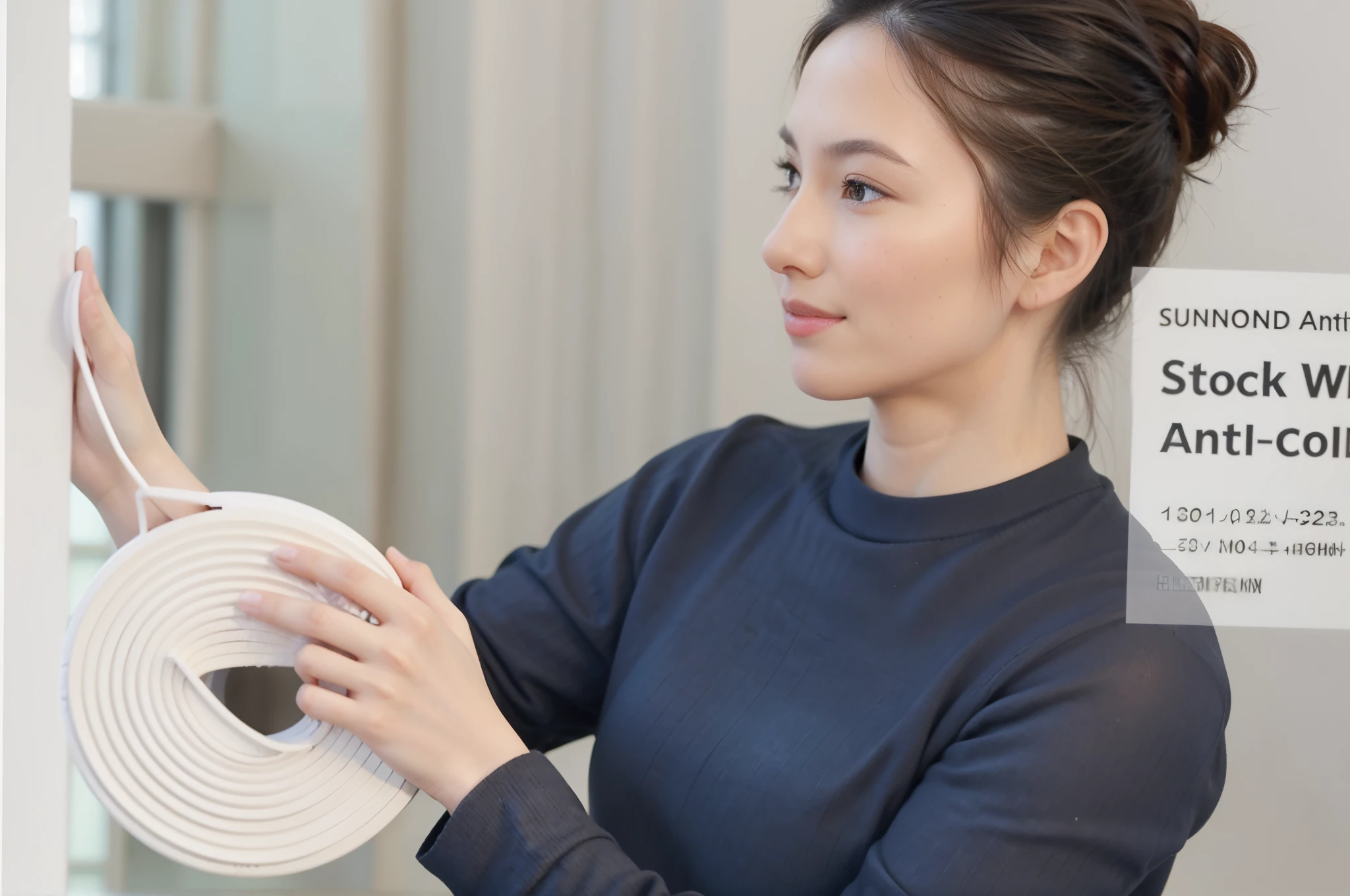 Woman holding white and black anti-collision device in hands, Well designed, advanced technologies, a lot of light, real photograph, product introduction photos, Touch, Partially looking to the left towards the camera, gentle features, focus on upper body, Digital Enhancement,